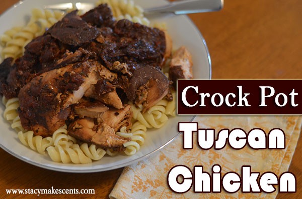 This Crockpot Tuscan Chicken is really quick and easy to whip up. Just mix it all together, pour it on top of some chicken in your crockpot, walk away and come back at dinner time.